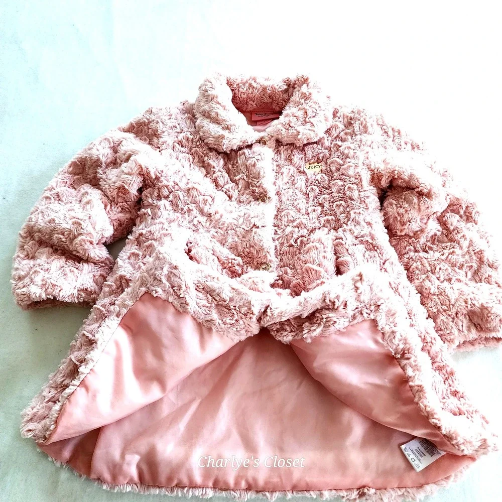 Juicy Couture Kids Pink Rosette Peplum Babydoll Faux Fur Logo Plate Coat Sz.‎ 6